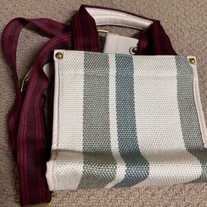 Stylish Woven White, Gray and Blue Striped Women's Bag with Adjustable Straph
